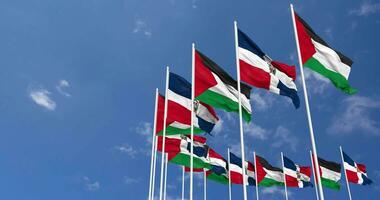 Dominican Republic and Palestine Flags Waving Together in the Sky, Seamless Loop in Wind, Space on Left Side for Design or Information, 3D Rendering video