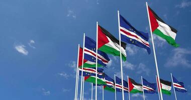 Cape Verde, Cabo Verde and Palestine Flags Waving Together in the Sky, Seamless Loop in Wind, Space on Left Side for Design or Information, 3D Rendering video