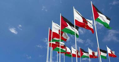 Gibraltar and Palestine Flags Waving Together in the Sky, Seamless Loop in Wind, Space on Left Side for Design or Information, 3D Rendering video