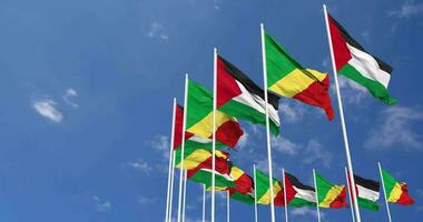 Congo and Palestine Flags Waving Together in the Sky, Seamless Loop in Wind, Space on Left Side for Design or Information, 3D Rendering video