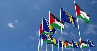 Bosnia and Herzegovina and Palestine Flags Waving Together in the Sky, Seamless Loop in Wind, Space on Left Side for Design or Information, 3D Rendering video
