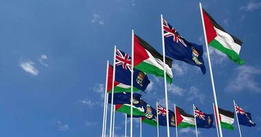 Cayman Islands and Palestine Flags Waving Together in the Sky, Seamless Loop in Wind, Space on Left Side for Design or Information, 3D Rendering video