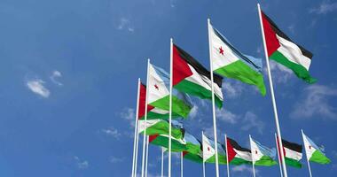 djibouti e Palestina bandeiras acenando juntos dentro a céu, desatado ciclo dentro vento, espaço em esquerda lado para Projeto ou Informação, 3d Renderização video