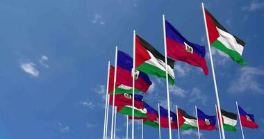 Haiti e Palestina bandiere agitando insieme nel il cielo, senza soluzione di continuità ciclo continuo nel vento, spazio su sinistra lato per design o informazione, 3d interpretazione video