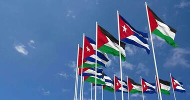 Cuba and Palestine Flags Waving Together in the Sky, Seamless Loop in Wind, Space on Left Side for Design or Information, 3D Rendering video