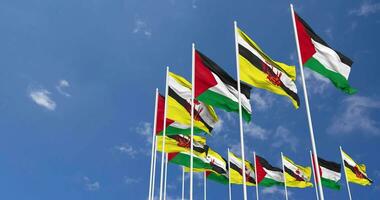 Brunei and Palestine Flags Waving Together in the Sky, Seamless Loop in Wind, Space on Left Side for Design or Information, 3D Rendering video
