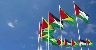 guyana och palestina flaggor vinka tillsammans i de himmel, sömlös slinga i vind, Plats på vänster sida för design eller information, 3d tolkning video