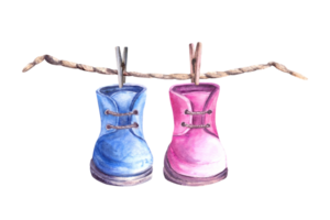 Baby pink and blue booties, shoes with clothesline, clothes pegs. He or she, boy or girl Watercolor painted illustration for baby happy birthday, newborn, gender reveal party png
