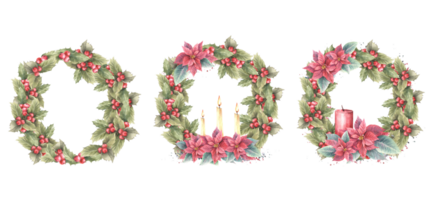 vattenfärg målad illustration krans, ram uppsättning. järnek bär, julstjärna blommor, löv och tre flammande ljus.mall för jul, ny år kort, vinter- inbjudan. png