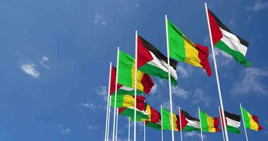 Mali and Palestine Flags Waving Together in the Sky, Seamless Loop in Wind, Space on Left Side for Design or Information, 3D Rendering video