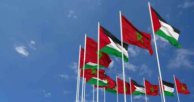 Morocco and Palestine Flags Waving Together in the Sky, Seamless Loop in Wind, Space on Left Side for Design or Information, 3D Rendering video