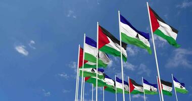 Lesotho and Palestine Flags Waving Together in the Sky, Seamless Loop in Wind, Space on Left Side for Design or Information, 3D Rendering video