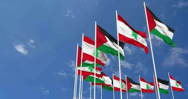 Líbano y Palestina banderas ondulación juntos en el cielo, sin costura lazo en viento, espacio en izquierda lado para diseño o información, 3d representación video