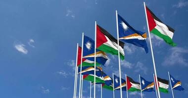 Marshall Islands and Palestine Flags Waving Together in the Sky, Seamless Loop in Wind, Space on Left Side for Design or Information, 3D Rendering video