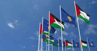 Kosovo and Palestine Flags Waving Together in the Sky, Seamless Loop in Wind, Space on Left Side for Design or Information, 3D Rendering video