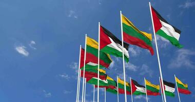 Lithuania and Palestine Flags Waving Together in the Sky, Seamless Loop in Wind, Space on Left Side for Design or Information, 3D Rendering video