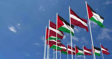 Latvia and Palestine Flags Waving Together in the Sky, Seamless Loop in Wind, Space on Left Side for Design or Information, 3D Rendering video