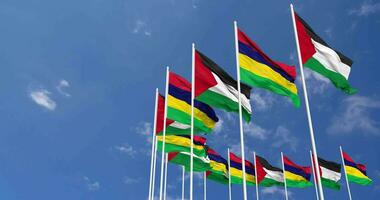 Mauritius and Palestine Flags Waving Together in the Sky, Seamless Loop in Wind, Space on Left Side for Design or Information, 3D Rendering video