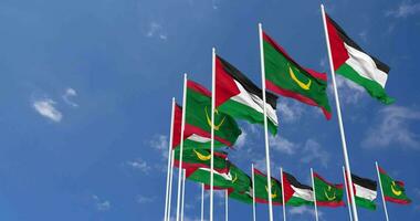 Mauritania and Palestine Flags Waving Together in the Sky, Seamless Loop in Wind, Space on Left Side for Design or Information, 3D Rendering video