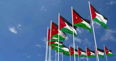 Jordán y Palestina banderas ondulación juntos en el cielo, sin costura lazo en viento, espacio en izquierda lado para diseño o información, 3d representación video