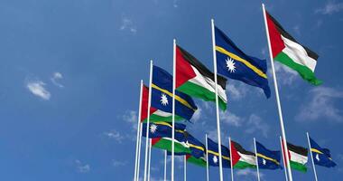 Nauru and Palestine Flags Waving Together in the Sky, Seamless Loop in Wind, Space on Left Side for Design or Information, 3D Rendering video