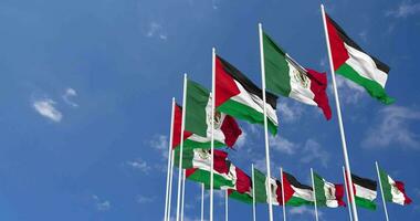 mexico y Palestina banderas ondulación juntos en el cielo, sin costura lazo en viento, espacio en izquierda lado para diseño o información, 3d representación video