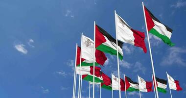 Malta and Palestine Flags Waving Together in the Sky, Seamless Loop in Wind, Space on Left Side for Design or Information, 3D Rendering video