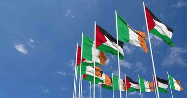 Irlanda e Palestina bandiere agitando insieme nel il cielo, senza soluzione di continuità ciclo continuo nel vento, spazio su sinistra lato per design o informazione, 3d interpretazione video