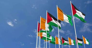 Ivory Coast and Palestine Flags Waving Together in the Sky, Seamless Loop in Wind, Space on Left Side for Design or Information, 3D Rendering video