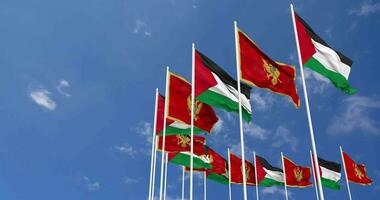 Montenegro and Palestine Flags Waving Together in the Sky, Seamless Loop in Wind, Space on Left Side for Design or Information, 3D Rendering video