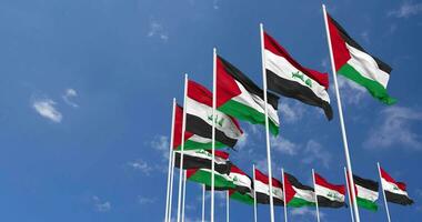 Iraq and Palestine Flags Waving Together in the Sky, Seamless Loop in Wind, Space on Left Side for Design or Information, 3D Rendering video