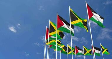 jamaica och palestina flaggor vinka tillsammans i de himmel, sömlös slinga i vind, Plats på vänster sida för design eller information, 3d tolkning video