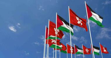 Hong Kong and Palestine Flags Waving Together in the Sky, Seamless Loop in Wind, Space on Left Side for Design or Information, 3D Rendering video