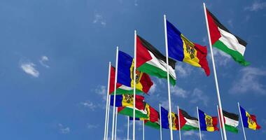 Moldova and Palestine Flags Waving Together in the Sky, Seamless Loop in Wind, Space on Left Side for Design or Information, 3D Rendering video