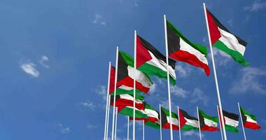 Kuwait y Palestina banderas ondulación juntos en el cielo, sin costura lazo en viento, espacio en izquierda lado para diseño o información, 3d representación video