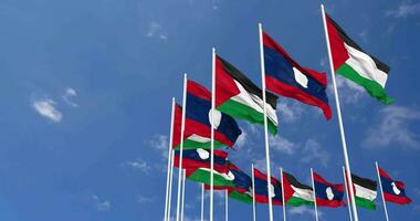 Laos and Palestine Flags Waving Together in the Sky, Seamless Loop in Wind, Space on Left Side for Design or Information, 3D Rendering video