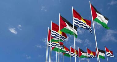 Kiribati and Palestine Flags Waving Together in the Sky, Seamless Loop in Wind, Space on Left Side for Design or Information, 3D Rendering video