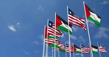 Liberia och palestina flaggor vinka tillsammans i de himmel, sömlös slinga i vind, Plats på vänster sida för design eller information, 3d tolkning video