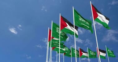 KSA, Kingdom of Saudi Arabia and Palestine Flags Waving Together in the Sky, Seamless Loop in Wind, Space on Left Side for Design or Information, 3D Rendering video