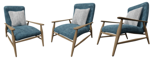 fauteuil dans marine bleu en tissu et bois, 3d conception avec différent vues png