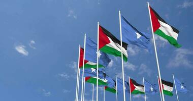 Somalia and Palestine Flags Waving Together in the Sky, Seamless Loop in Wind, Space on Left Side for Design or Information, 3D Rendering video