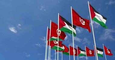 Tunisia and Palestine Flags Waving Together in the Sky, Seamless Loop in Wind, Space on Left Side for Design or Information, 3D Rendering video