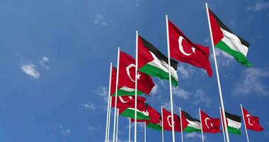 Turkey and Palestine Flags Waving Together in the Sky, Seamless Loop in Wind, Space on Left Side for Design or Information, 3D Rendering video