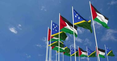 Solomon Islands and Palestine Flags Waving Together in the Sky, Seamless Loop in Wind, Space on Left Side for Design or Information, 3D Rendering video