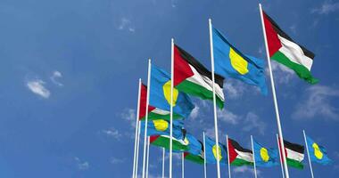 Palau and Palestine Flags Waving Together in the Sky, Seamless Loop in Wind, Space on Left Side for Design or Information, 3D Rendering video