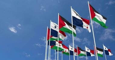 Panama and Palestine Flags Waving Together in the Sky, Seamless Loop in Wind, Space on Left Side for Design or Information, 3D Rendering video