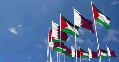 Qatar and Palestine Flags Waving Together in the Sky, Seamless Loop in Wind, Space on Left Side for Design or Information, 3D Rendering video