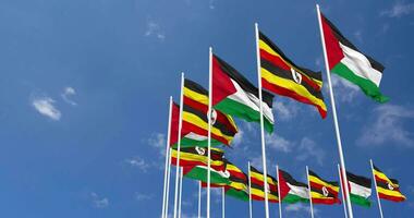 Uganda and Palestine Flags Waving Together in the Sky, Seamless Loop in Wind, Space on Left Side for Design or Information, 3D Rendering video