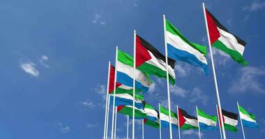 Sierra Leone and Palestine Flags Waving Together in the Sky, Seamless Loop in Wind, Space on Left Side for Design or Information, 3D Rendering video