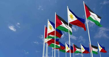 Philippines and Palestine Flags Waving Together in the Sky, Seamless Loop in Wind, Space on Left Side for Design or Information, 3D Rendering video